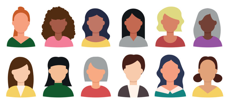 Set of woman persons, avatars, people heads of different ethnicity in flat minimal style.	