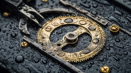 Close-up of wet, gold gear mechanism.