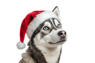 Siberian Husky wearing a red Santa hat on a transparent background. Christmas and New Year celebration concept.