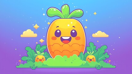 Cartoon corn cob with a big smile, standing in a sunny field surrounded by cheerful vegetable friends