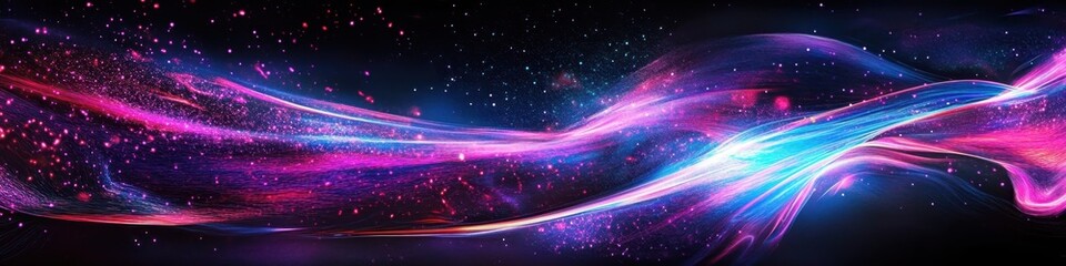 Obraz premium Abstract aurora, cosmic waves, vibrant colors, neon lights, flowing energy, night sky, celestial phenomenon, digital art, smooth curves, glowing ribbons, surreal landscape, ethereal atmosphere, electr
