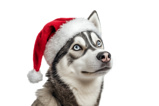 Siberian Husky wearing a red Santa hat on a transparent background. Christmas and New Year celebration concept.