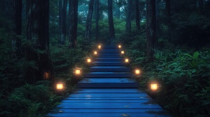 Obraz premium Night forest path, lit stairs, mystical scene, fantasy setting