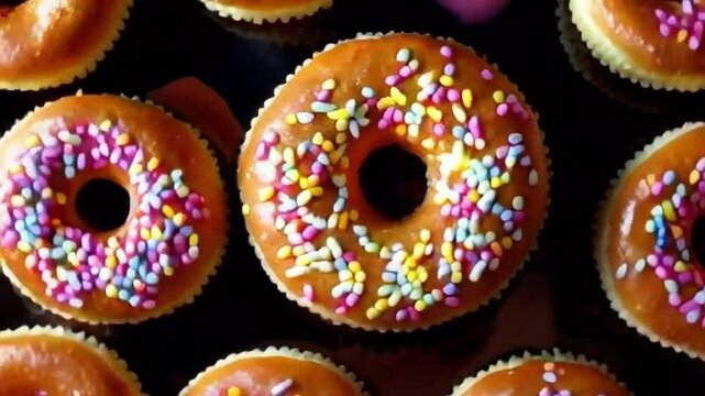 golden glazed donut forming glowing galaxy or vibrant sprinkles creating cosmic pattern of donuts