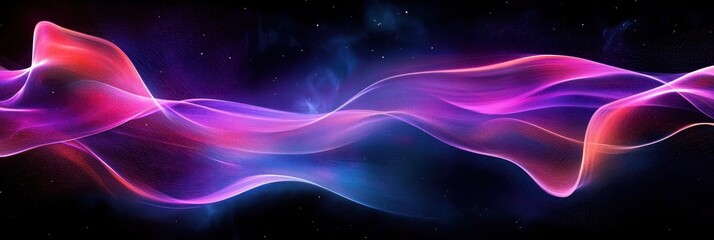 Fototapeta premium Abstract wave, vibrant neon colors, flowing energy, cosmic background, purple and blue hues, dynamic motion, digital art, surreal landscape, glowing particles, futuristic design, smooth curves, ethere