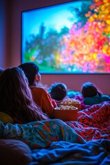 Naklejka premium Family cuddled on a sofa under soft blankets, watching a movie on a large screen