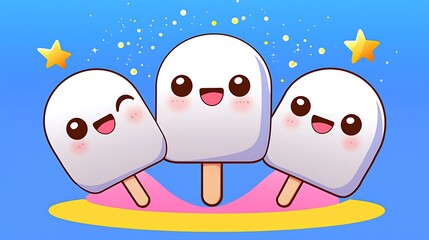Obraz premium Kawaii popsicles with big sparkling eyes, lounging on a colorful beach towel in a tropical paradise