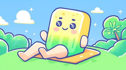 Kawaii popsicles with big sparkling eyes, lounging on a colorful beach towel in a tropical paradise