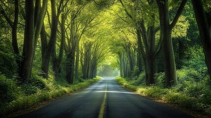 A long road winds through the forest, with trees lining both sides