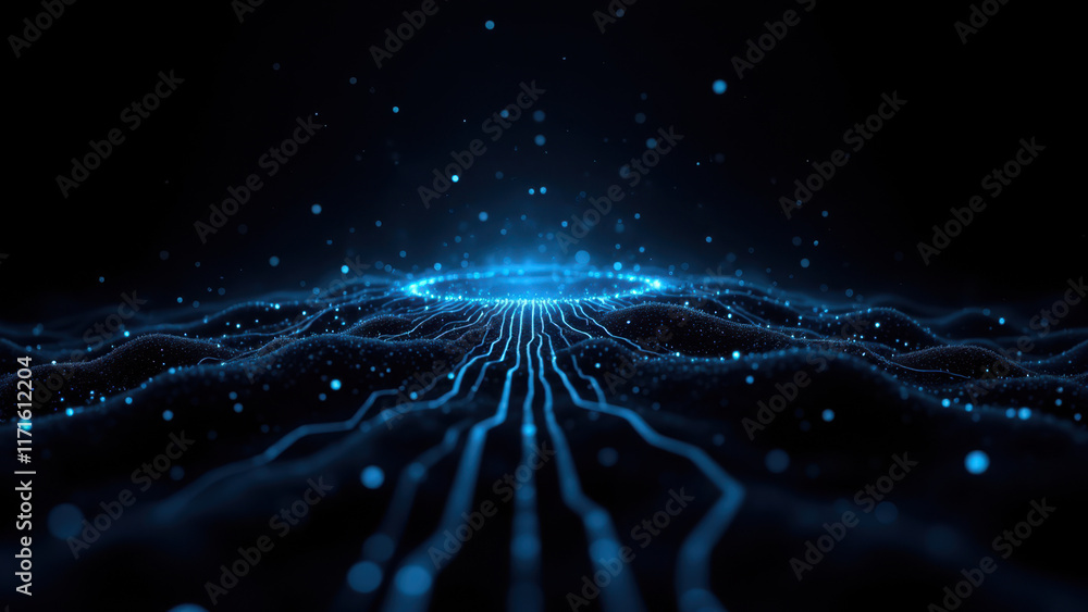 Poster futuristic digital art featuring intricate blue circuit-like patterns with a central glowing sphere,