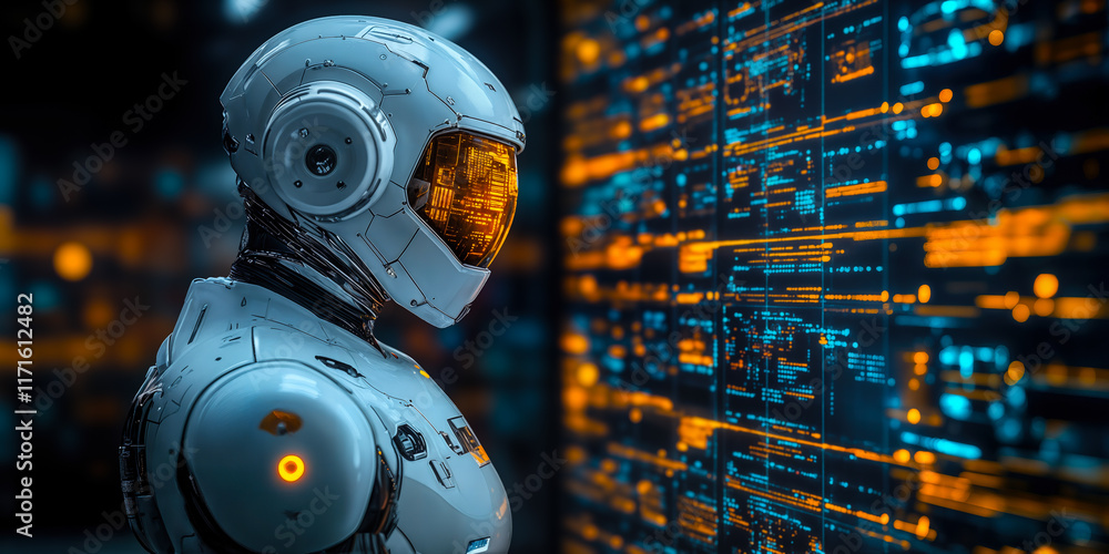 Poster futuristic ai robot analyzing digital interface for innovative tech development and automation