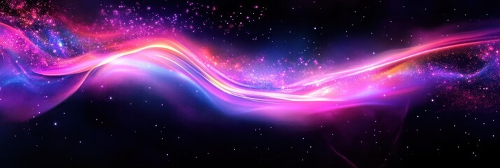Obraz premium Abstract waves, vibrant colors, neon lights, fluid motion, cosmic energy, digital art, flowing ribbons, purple and pink hues, dynamic swirls, ethereal glow, futuristic design, seamless pattern, lumino