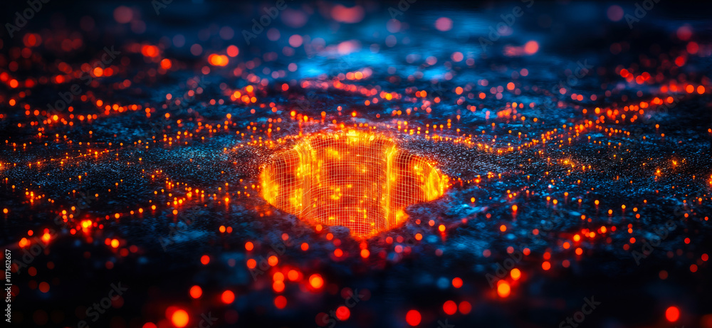 Aufkleber illuminated hexagonal grid pattern with vibrant blue and orange glowing lights on dark background