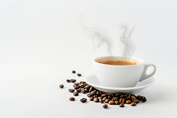 Fototapeta premium Freshly Brewed Espresso in a Coffee Cup with Creamy Swirl, Surrounded by Roasted Coffee Beans for a Rich Coffee Experience