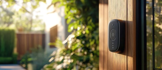 Fototapeta premium A smart door lock with an AI pendant on the front, near modern wooden doors in an outdoor setting.