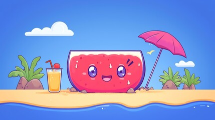 Naklejka premium A cheerful watermelon slice with sparkling eyes, lying on a tropical beach with a drink umbrella
