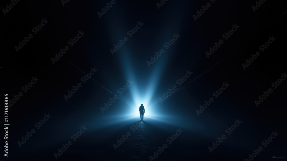 Aufkleber an artificial intelligence figure standing on a reflective surface with a tunnel of light behind it.