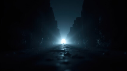 A dark alley illuminated by a distant light, suggesting the presence of an undetectable AI.