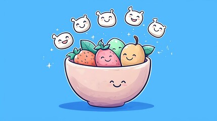 Naklejka premium A cute animated fruit salad bowl with little faces on each piece of fruit and emoji smiley faces above them