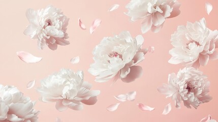 Beautiful white peony flowers and petals in flight against a light pink pastel background with copy space. A creative floral layout for spring. Spring blossom backdrop.