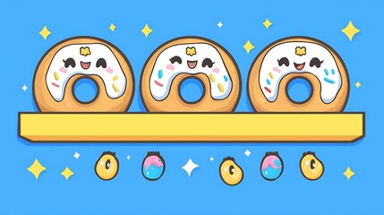 A happy donut shop scene with kawaii donuts lined up on colorful shelves