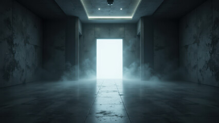 Obraz premium A dark warehouse setting with a large opening leading to an AI-generated world.