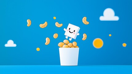 A kawaii animated nut mix with smiling cashews, almonds, and peanuts jumping out of a snack container