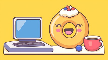 Naklejka premium A kawaii bagel with a happy cream cheese topping, on a bright and cheerful breakfast table