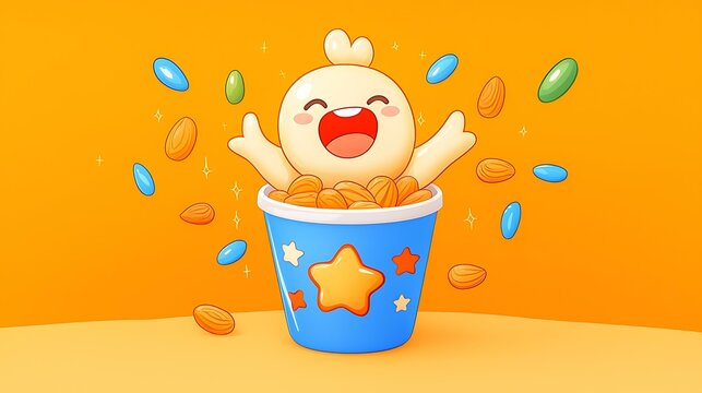 A kawaii animated nut mix with smiling cashews, almonds, and peanuts jumping out of a snack container