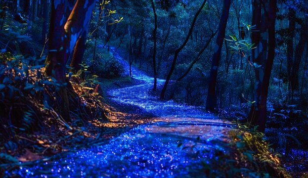 Enchanted forest path glowing with bioluminescent light. Mystical night scene.