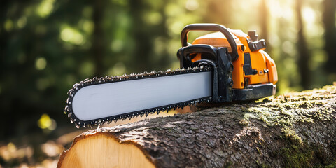 Orange chainsaw on cut tree trunk in forest. Logging equipment