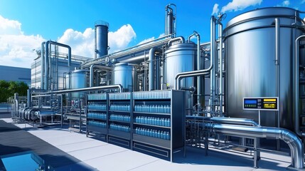 Fototapeta premium Pagoda-style industrial plant with blue metal tanks and pipes, oil production facility in the background