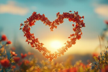 Obraz premium Vibrant heart-shaped flower arrangement against a picturesque sunset in the evening sky