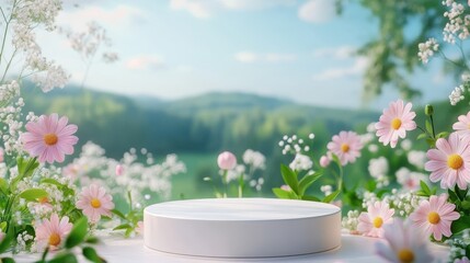 Product podium for product presentation and display with garden summer and spring flowers, floral summer background podium for cosmetic, with nature in the background. Generating AI