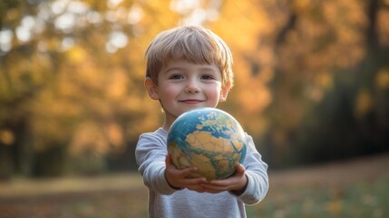 Fototapeta premium boy with globe in his hand Stock Photo. 