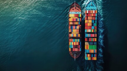 An aerial view of two cargo ships filled with colorful containers sailing side by side in the ocean, symbolizing global trade and connectivity.