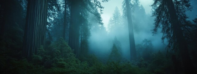A haunting image of an ancient redwood forest enveloped in mist during dawn, Redwood forest scene, Atmospheric style