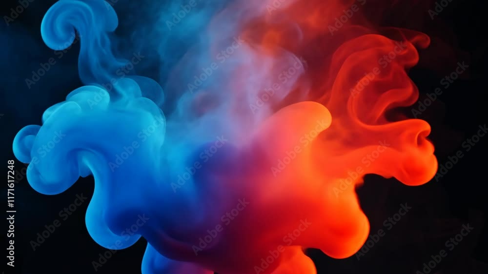 Poster colorful smoke swirls in blue and red blending intricately against a dark backdrop for a mesmerizing