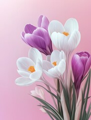 Fototapeta premium Crocuses pink and white spring flowers on pastel pink background.