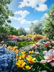 A lush spring garden in full bloom with vibrant flowers and a clear blue sky.