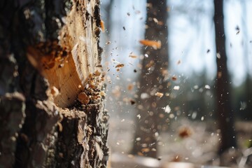 Tree splintering from powerful axe strike