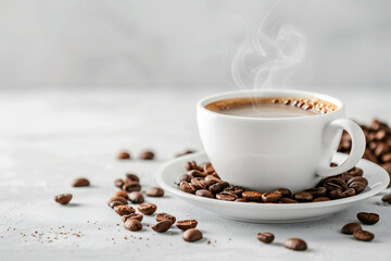 Fototapeta premium Freshly Brewed Espresso in a Coffee Cup with Creamy Swirl, Surrounded by Roasted Coffee Beans for a Rich Coffee Experience