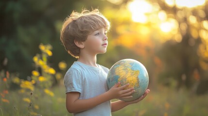 boy with globe in his hand Stock Photo. 
