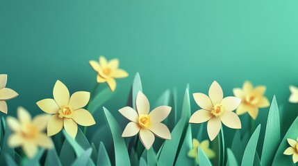 Fototapeta premium Paper cut spring flowers with copy space. Creative spring background with mockup space. Illustration