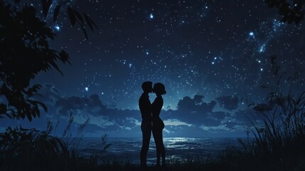 Fototapeta premium A romantic silhouette of a couple kissing under a starry night sky, creating a magical and dreamy atmosphere.
