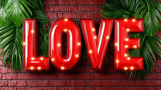 Bright red "LOVE" sign with illuminated lights, surrounded by lush green leaves against a textured brick wall, creating a vibrant and romantic atmosphere.