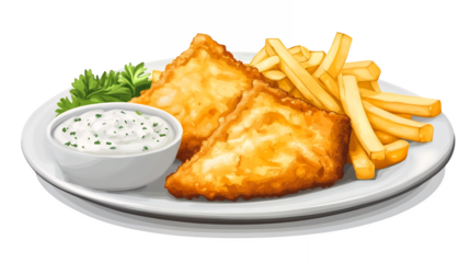 illustration of a plate of golden-brown crispy fish and chips isolated on a transparent background, PNG
