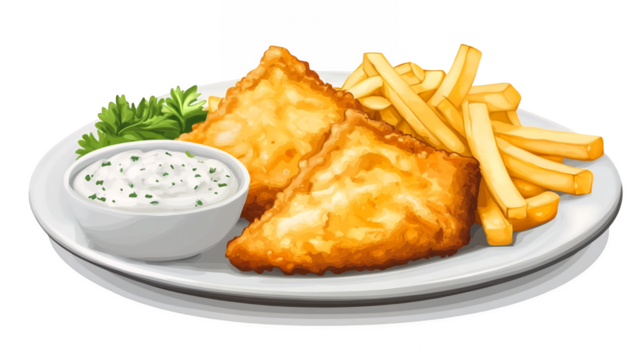 illustration of a plate of golden-brown crispy fish and chips isolated on a transparent background, PNG - Powered by Adobe