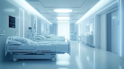 Modern hospital room with beds and medical equipment, white color theme
