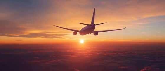 Obraz premium A plane flying in the sky at sunset, symbolizing travel and adventure